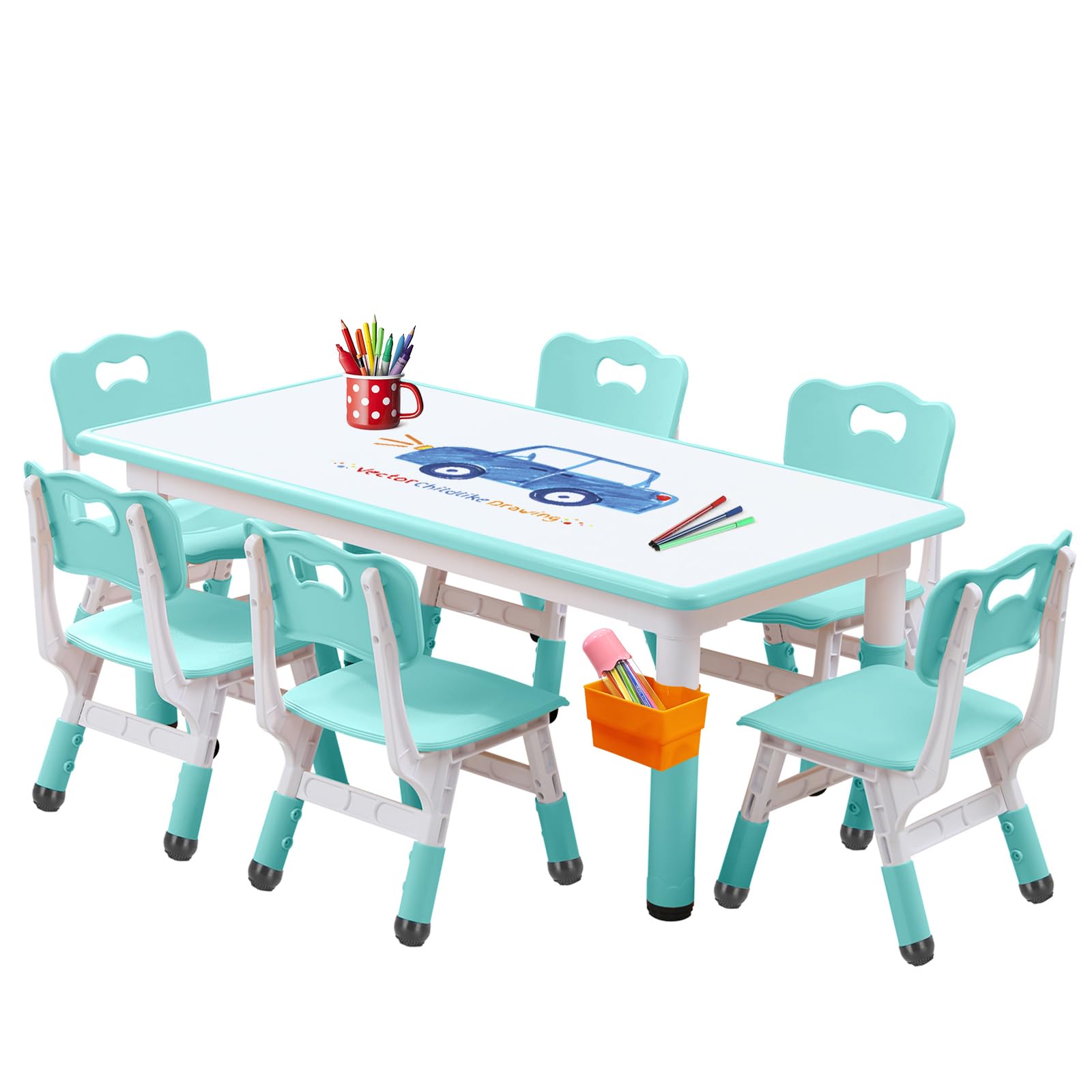 Kids Table and Chairs Set, Height Adjustable Desk With 6 Seats for Ages 2-12,Arts & Crafts Table,Graffiti Desktop, Non-Slip Legs, Max 300lbs, Children Multi-Activity Table for Classrooms,Daycares,Home