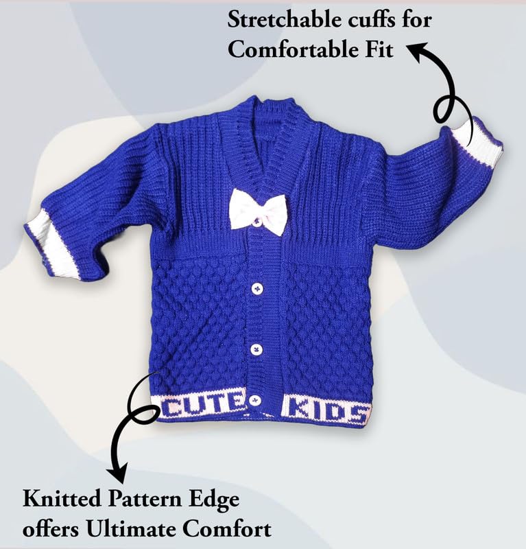 Image of Baby Unisex New Born Baby Boys Girls Soft Comfortable Trendy Woolen Round Neck Stripe Sweater Set with Payjami, Cap and Pair of Booties for Toddlers