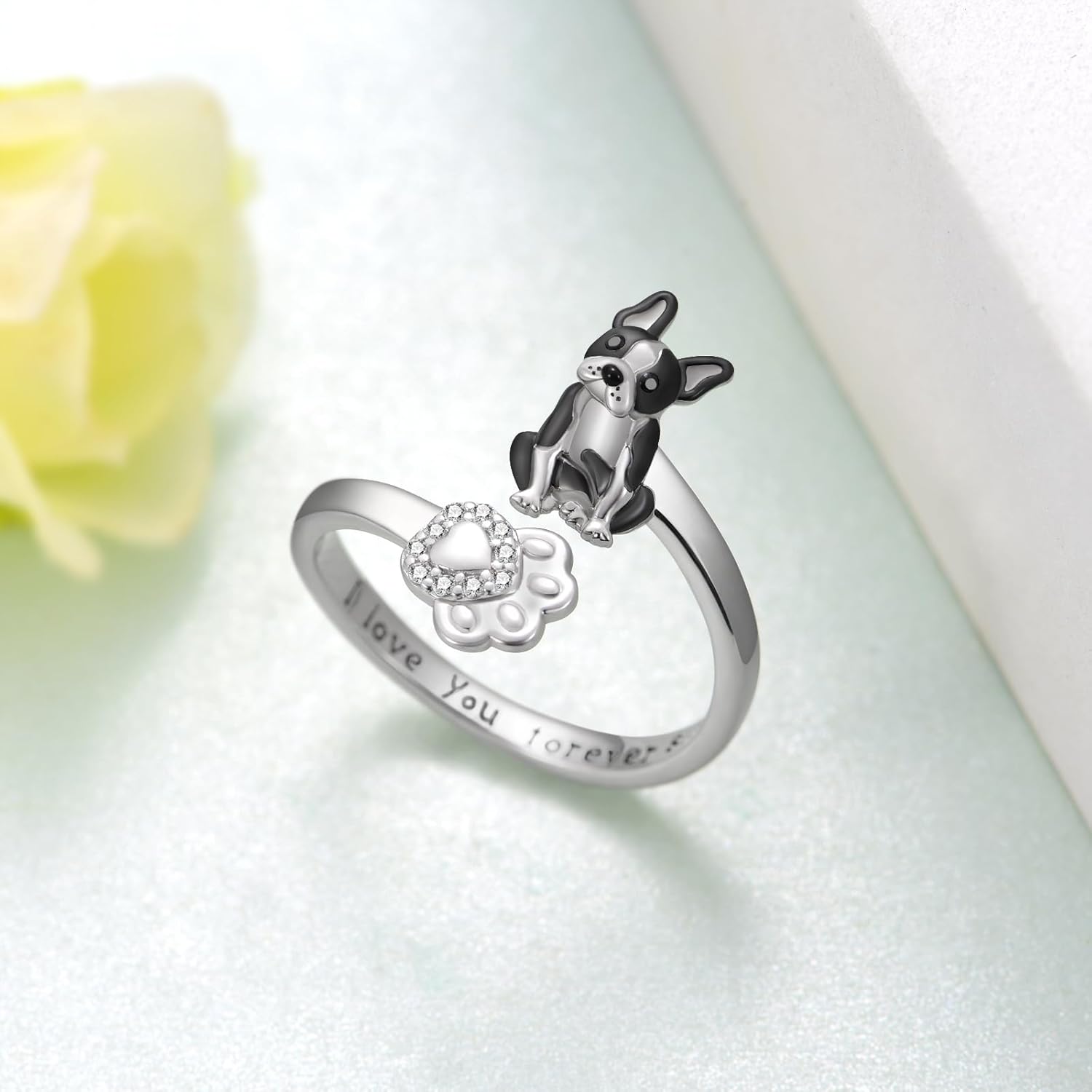 Boston Terrier Gifts 925 Sterling Silver Boston Terrier Ring Cute Animal Dog Jewelry Gifts for Women