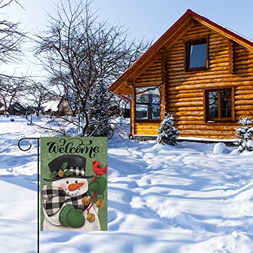 Covido Home Decorative Welcome Winter Garden Flag, Merry Christmas Snowman House Yard Buffalo Plaid Check Cardinal Bird Decor, Xmas Outside Decorations Seasonal Outdoor Small Flag Double Sided 12 X 18 #TOP3