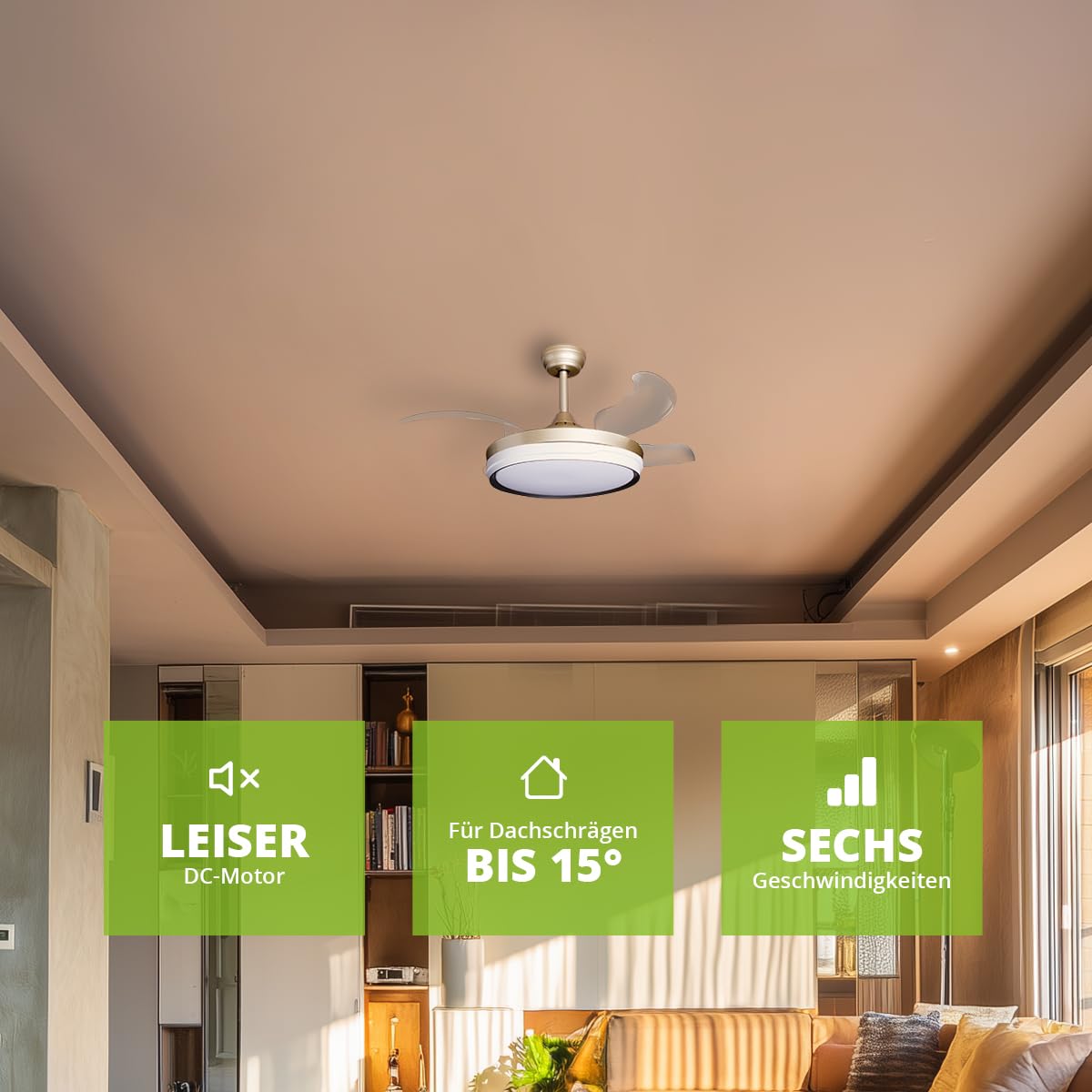 Eclipse Deckenventilator mit Beleuchtung, Leise mit 6 Windstufen, App | Fernbedienung, Sommer und Wintermodus, 4 transparente Rotorblätter, 4500 m³/h, CTT 3000 K-6500 K, Goldfarbene Basis, Kelora