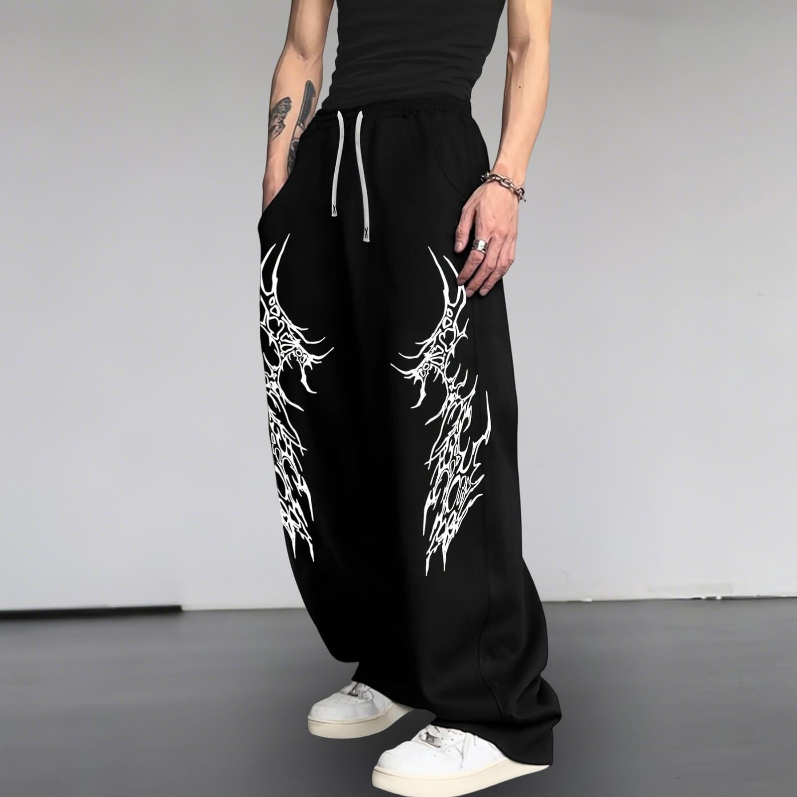 Fitness Hose Herren Gym Lang Sporthose Bodybuilding Trainingshose Y2K Jogginghose Baggy Sweatpants Gothic Punk Streetwear Weites Bein Freizeithose mit Kordelzug Elastischer Sweathose