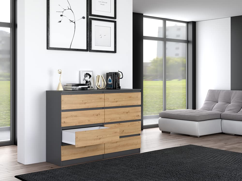 ADGO Malwa M8 140 Kommode mit 8 Schubladen 138x97x40cm, Klassischer Schrank mit Regalen für Schlafzimmer Wohnzimmer Kinderzimmer Tief Freistehend Platzsparend (Versand in 3 Packs) (Anthrazit/Artisan)