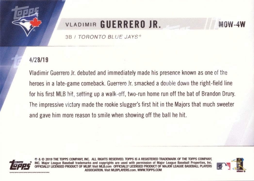 2019 Topps Now Moment of the Week Gold Winner #MOW-4W Vladimir Guerrero Jr. Baseball Rookie Card - Only 768 made!