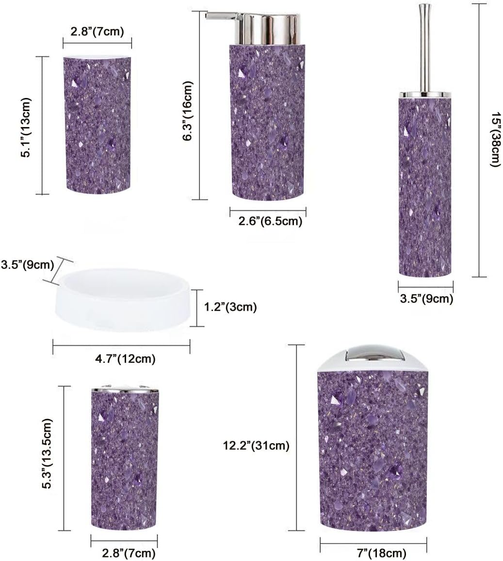 Bathroom Accessories Set 6 Pcs Violet Purple Amethyst Quartz Crystal Geode Toothbrush Holder Cup Soap Dispenser Soap Dish Toilet Brush Holder Trash Can for Countertop Decor