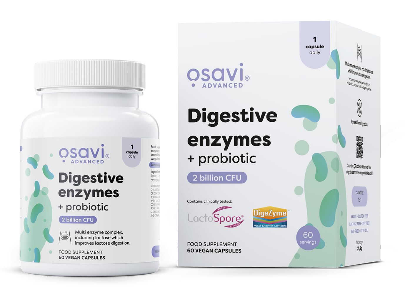 Osavi Digestive Enzymes + Probiotic – 60 Vegan Capsules | DigeZyme® + LactoSpore® | 7 Digestive Enzymes with Papain & Bromelain | Clinically Studied Ingredients | Clean Label