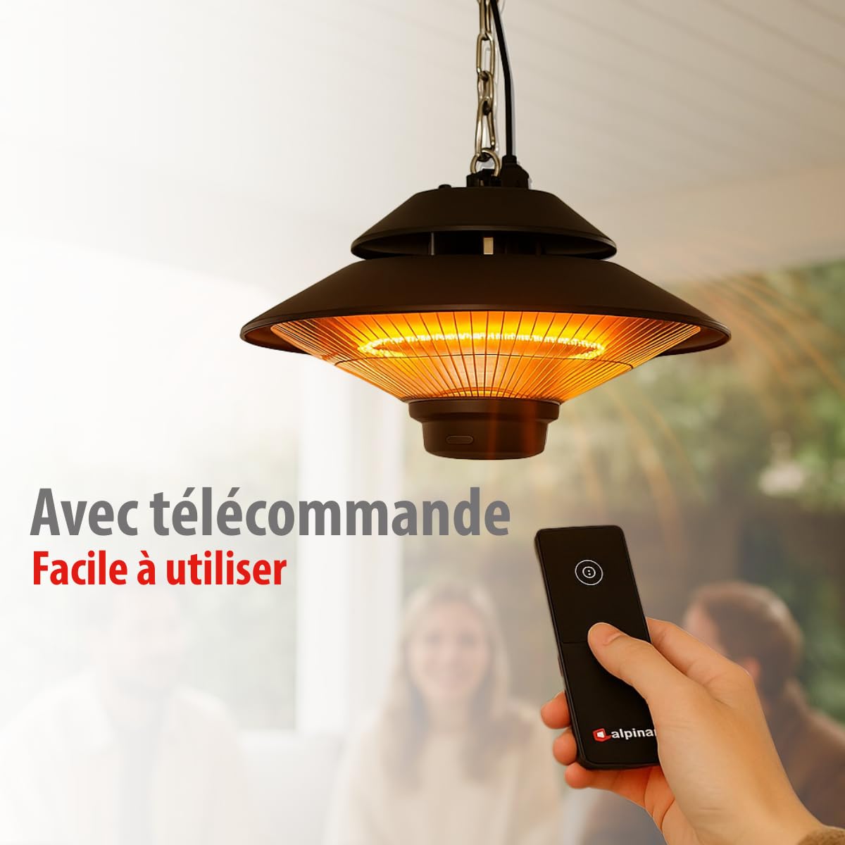 alpina Chauffage Extérieur Terrasse 1500W – Chauffage Électrique Suspendu Rond Infrarouge avec Télécommande – Radiateur de Terrasse Intérieur/Extérieur, Noir