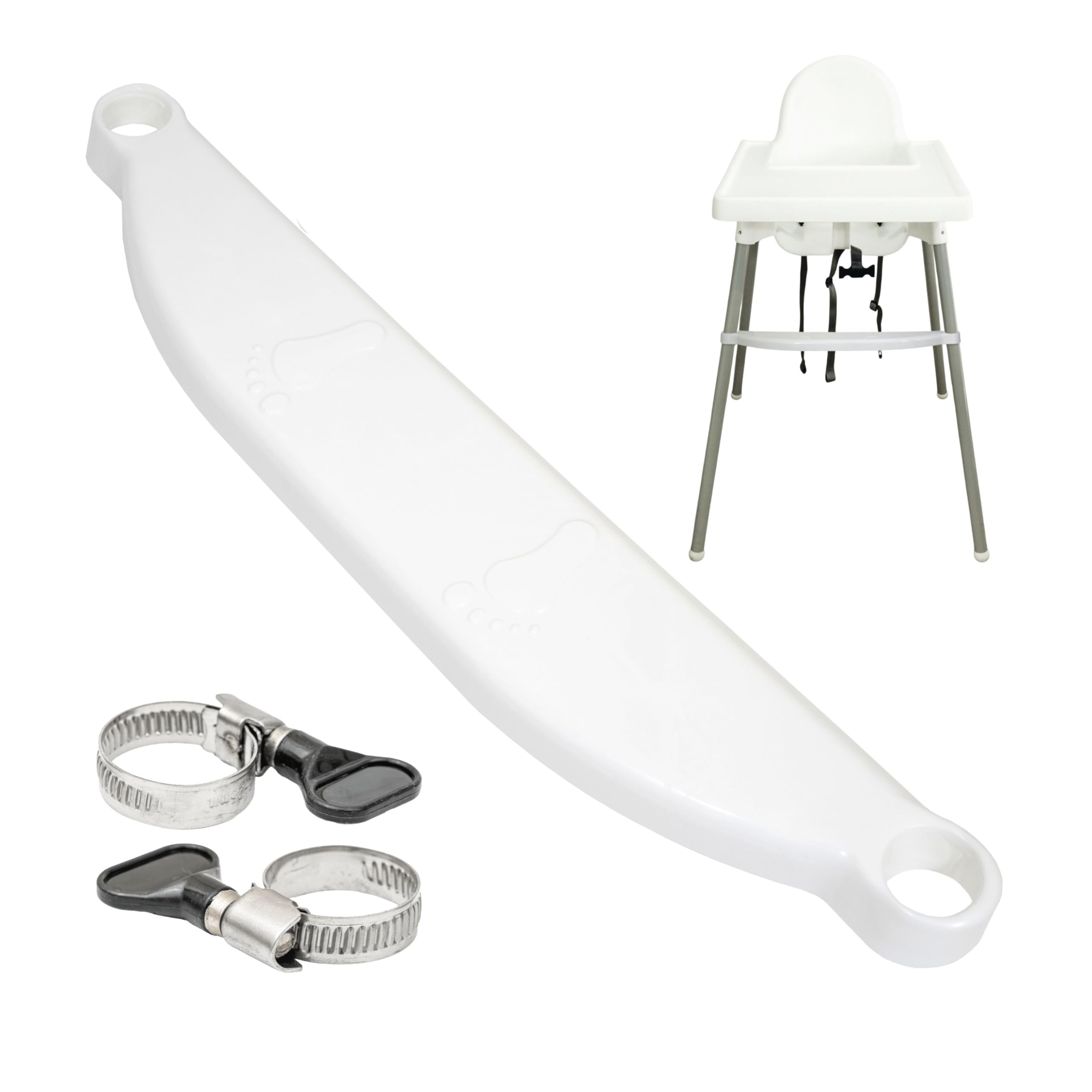 Poggiapiedi per seggiolone, 1 set, in bianco, compatibile con IKEA Antilop, regolabile in altezza con morsetti per il fissaggio alla gamba della sedia, poggiapiedi per seggiolone