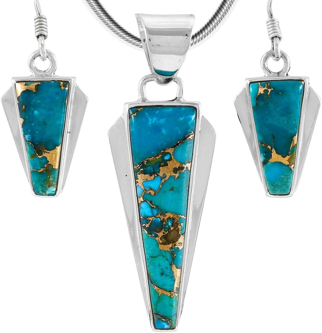 Matching Turquoise Pendant & Earrings Set 925 Sterling Silver (Pendant, Earrings, Stainless Necklace 20")