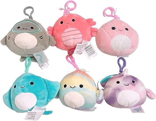 Squishmallows Kellytoy - Llavero de peluche surtido de 3.5 pulgadas con clip, juego de 6 Sealife Squad A (SQCP00096)