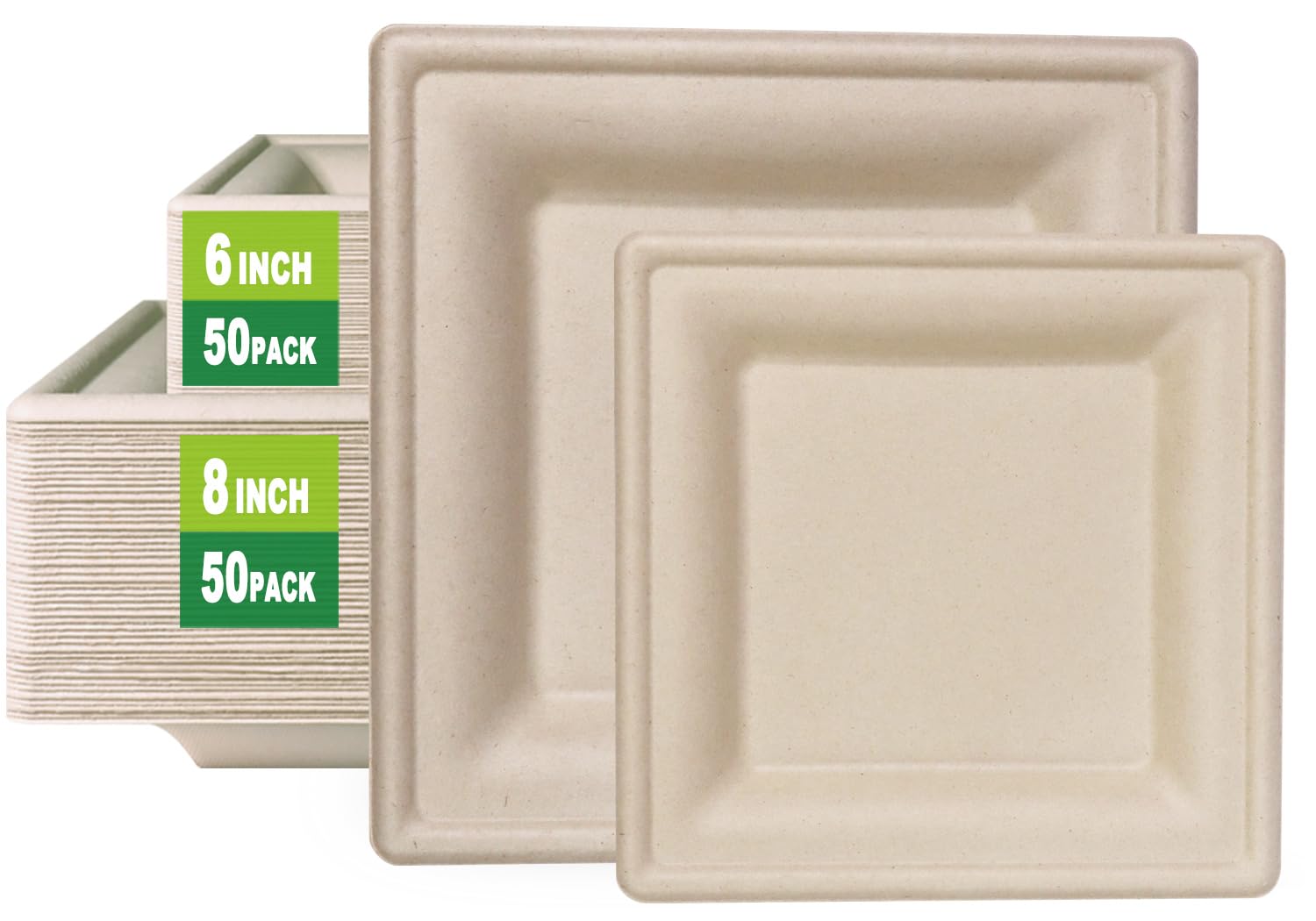 GreenWorks 6 inch and 8 inch Heavy-duty Compostable Plates (each 50 Count), 100 Count Bagasse and Bamboo Fiber Disposable Paper Plates