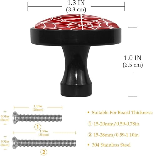 Miniatura 3 de Juego de 4 manijas de telaraña blanca sobre fondo rojo, perillas de gabinete para armario, armario, aparador, puertas, armario, cajones, habitación