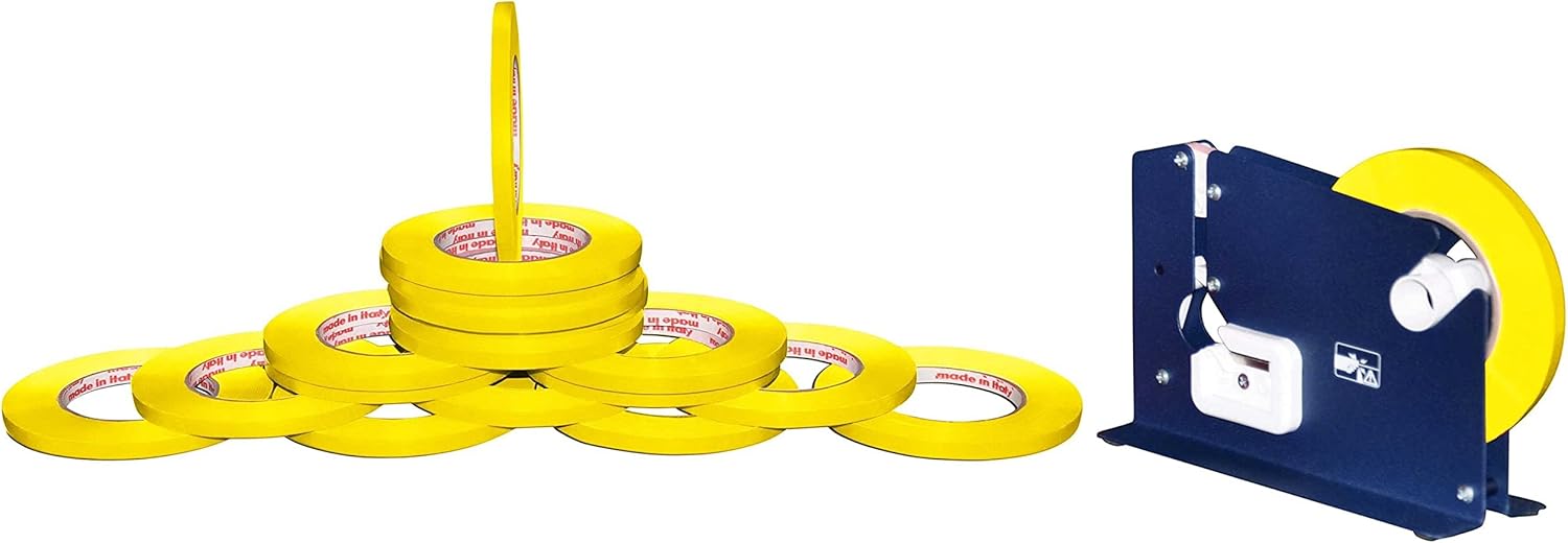 MMBM Bag Sealer Tape with Dispenser, Yellow, 3/8 Inch x 180 Yards, 6 Pack, for Sealing and Color Coating Poly Bags