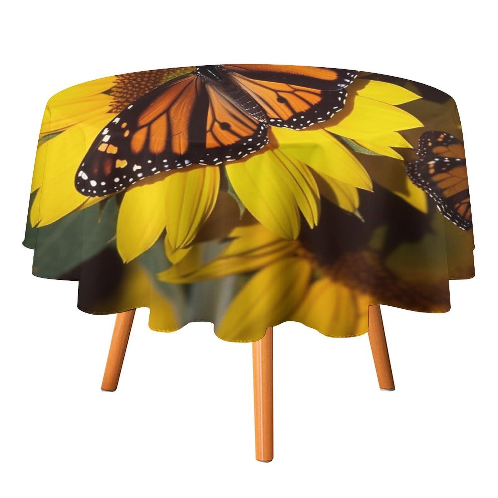SMAZDFXX Butterflys on The Sunflowers Tablecloth for Restaurant, Round Polyester Table Cover 70x70in for Party