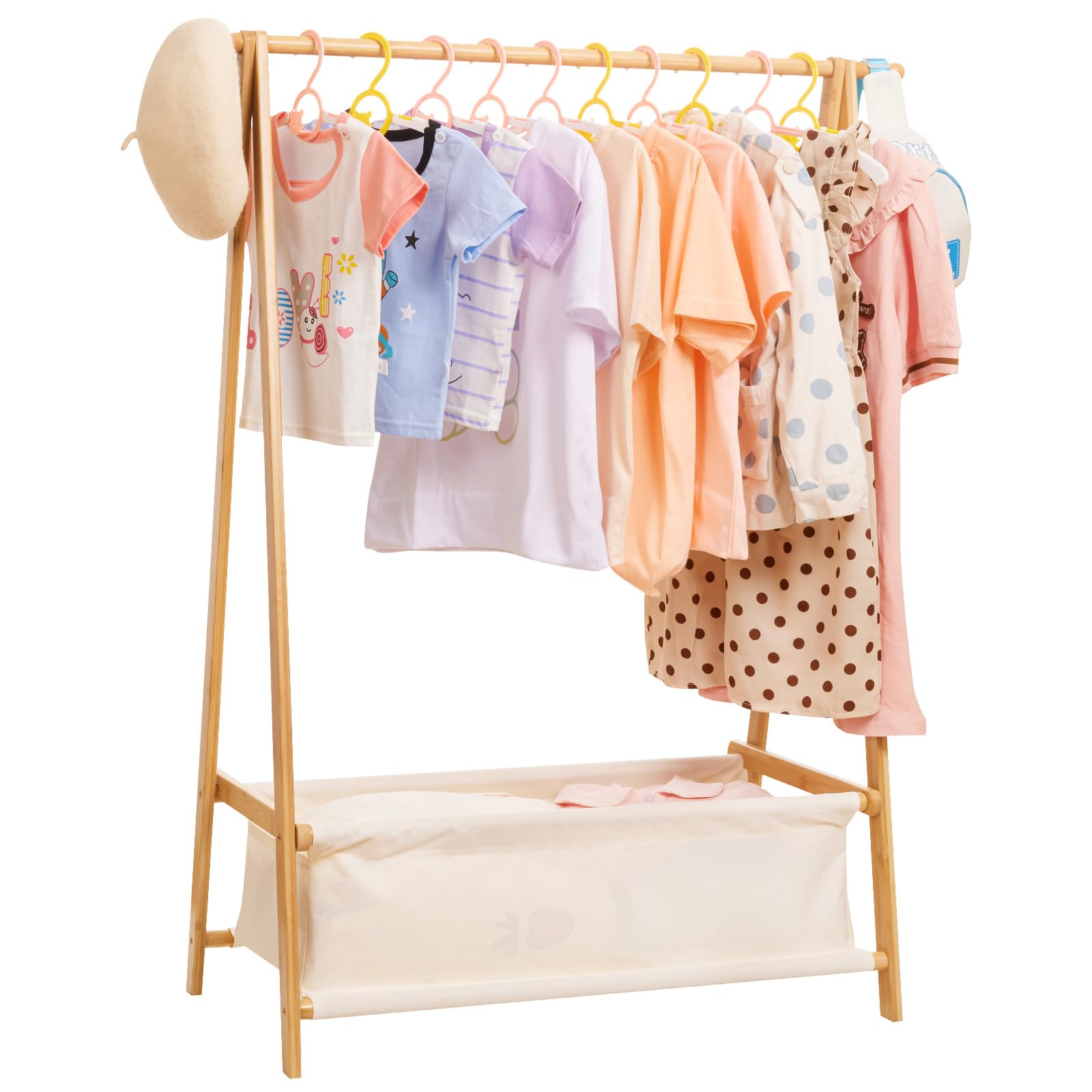 Yorbay Perchero para Ropa de Niños con Caja de Almacenaje, Perchero para Vestir, Perchero para Ropa de Niños con Varillas para Colgar, Pequeño y Plegable, Bambú