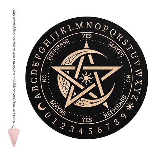 CRASPIRE Pendulum Board Pentagram Dowsing Divination Metaphysical Message Board 7.9Inch Wooden Carven Board with Rose Quartz Crystal Dowsing Pendulum Witchcraft Wiccan Altar Supplies Kit