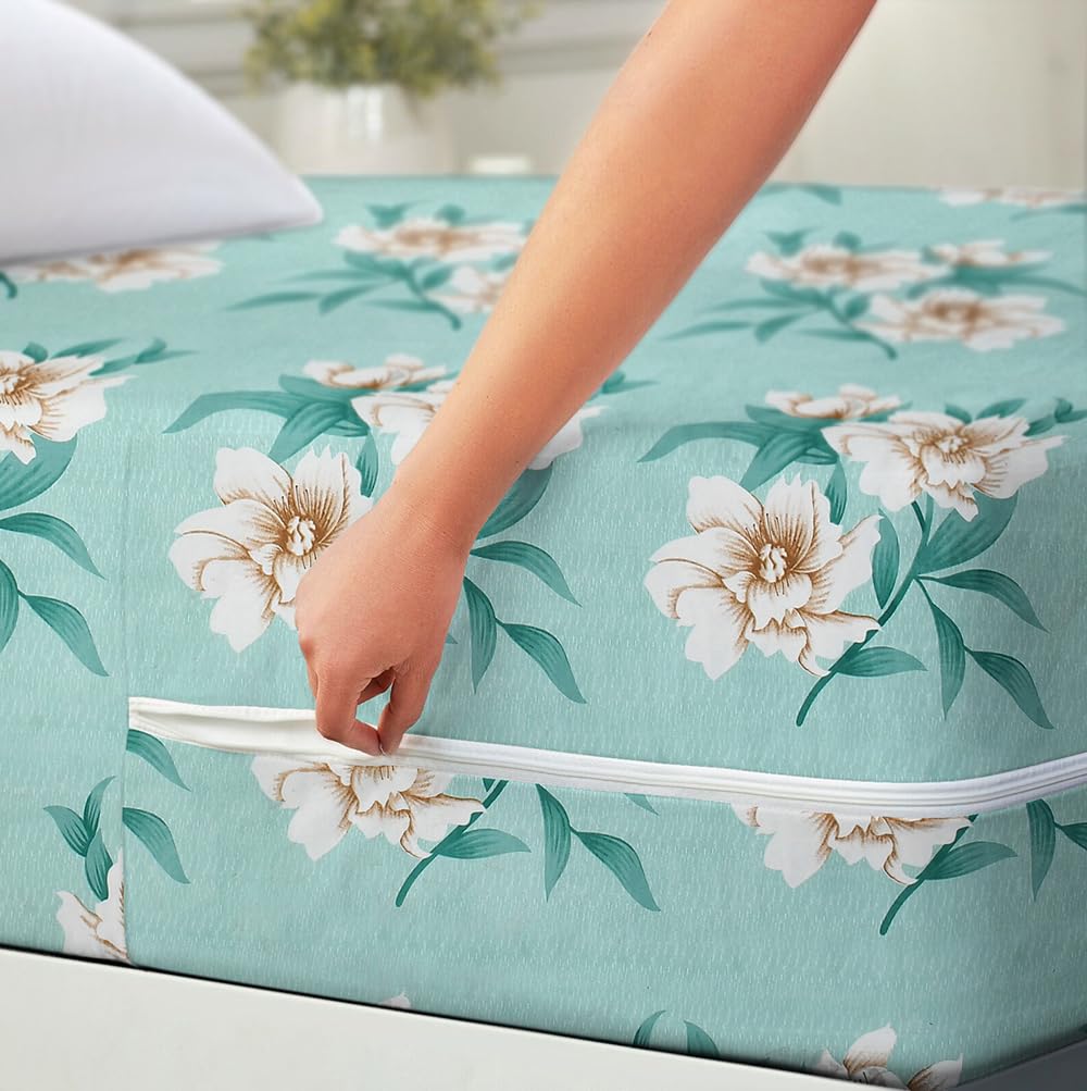BSB HOME Premium Cotton Printed Mattress Cover/Protector with Zipper Chain|Provides All Around Protection with 360° Encasing |Single Size Bed - 72x36+6 inches (6 x 3 Feet Mattress) - Light Green 1
