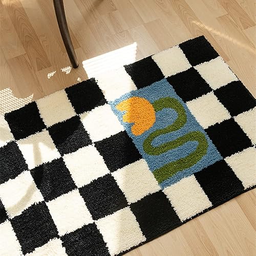 Miniatura 3 de S_SSOY Alfombra de tablero de ajedrez blanco y negro para sala de estar, 15.7 x 39.3 pulgadas, alfombra antideslizante para dormitorio, mesita de