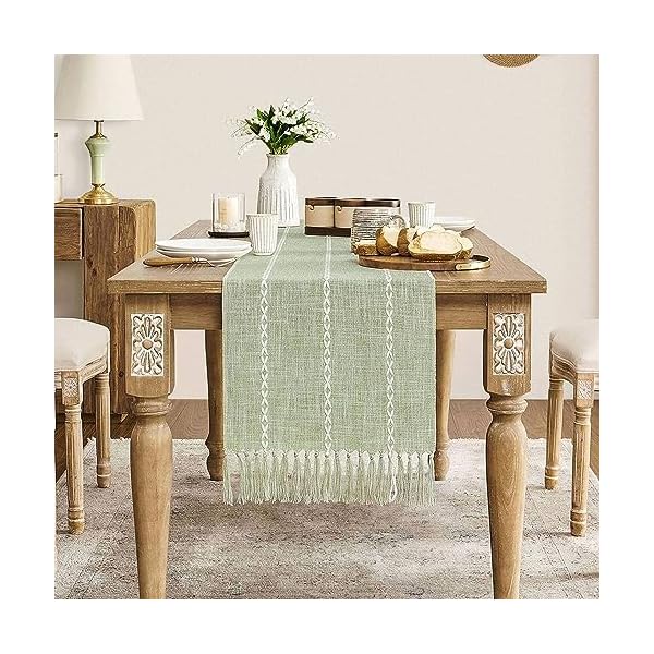 ZeeMart Farmhouse Table Runner, Rustic Table Runners 72 Inches Long, Linen Boho Table Runner, Braided Striped Green Table Runner for Dining Party Holiday, 15x72 Inches, Braided Desert Sage ZeeMart Farmhouse Table Runner, Rustic Table Runners 72 Inches Long, Linen Boho Table Runner, Braided Striped Green Table Runner for Dining Party Holiday, 15x72 Inches, Braided Desert Sage