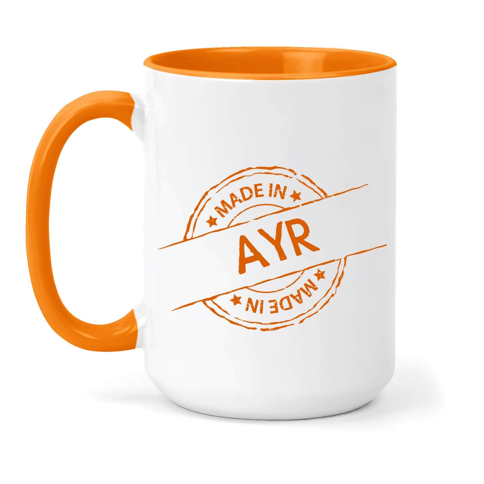 teesandmugs Made in Ayr Ceramic Mug - Unique Gift for Home and Office - Ely Town Keepsake Souvenir (Orange)