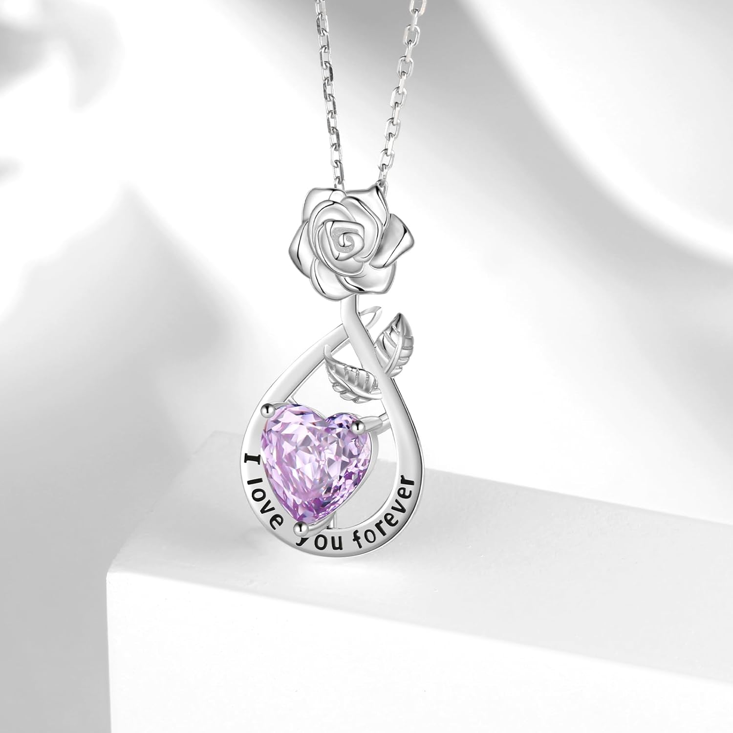 Aurora Tears Birthstone Rose Pendant Necklace - 925 Sterling Silver Rose Cut Heart Cubic Zirconia Love Infinity Drop Necklace Anniversary Birthday Jewelry Gift for Women Wife Mom Daughter - Image 2