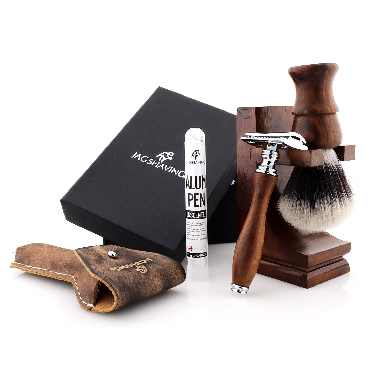 Jag Shaving zestaw do golenia – zrównoważony, 4-częściowy zestaw do golenia z drewna – syntetyczny pędzel do golenia ze srebrnymi końcówkami – podwójna krawędź ostrza do golenia – stojak do golenia – skórzana torba na maszynki do golenia