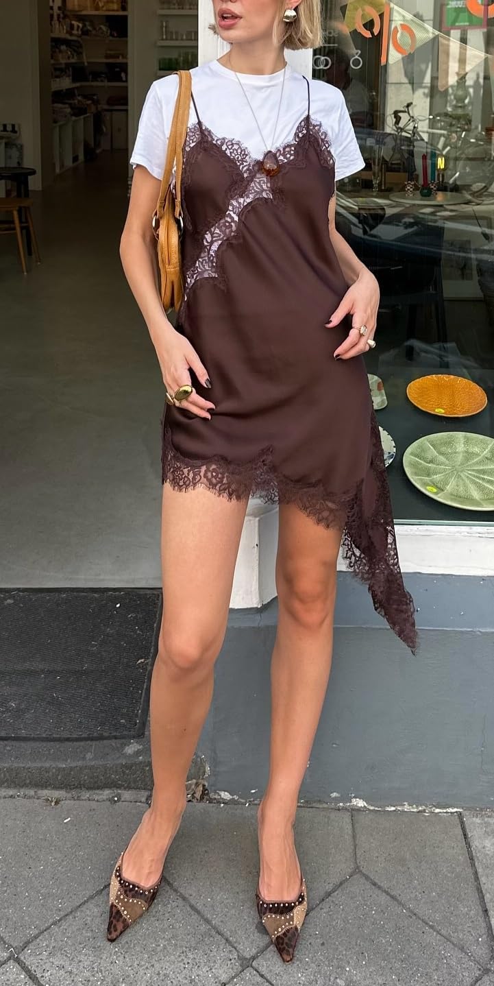 Women Lace Trim Satin High Low Tops Silk Spaghetti Strap Asymmetrical Side Split Cami Top Flowy Silky Layering Tops - Image 3