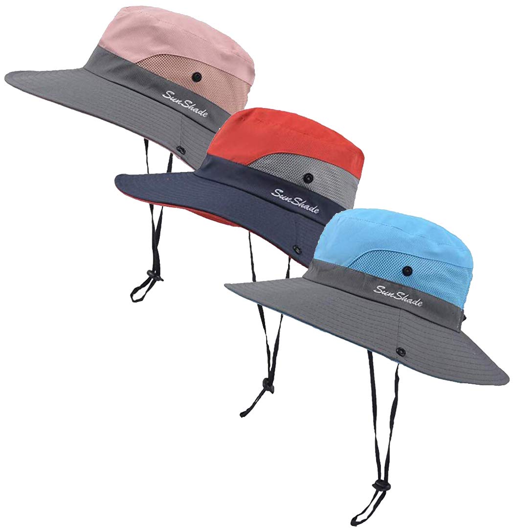3 Pieces Womens Outdoor Ponytail Safari Sun Hat Foldable  display picture 3