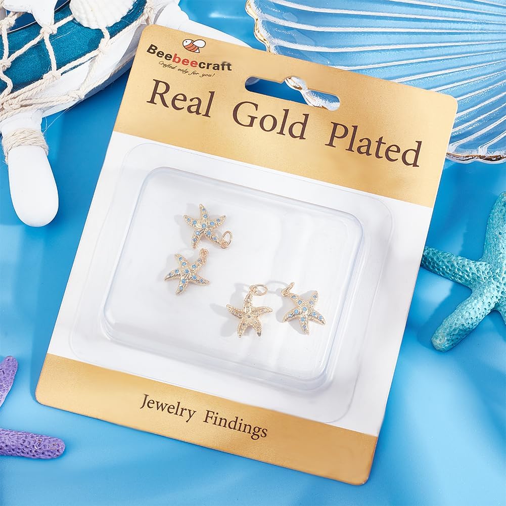 Beebeecraft 1 Box 5Pcs Cubic Zirconia Starfish Charms 18K Gold Plated Sea Stars Animal Cristal Rhinestone Pendant Charms with Jump Ring for Jewellery Making DIY Earring Necklace Bracelet Crafts
