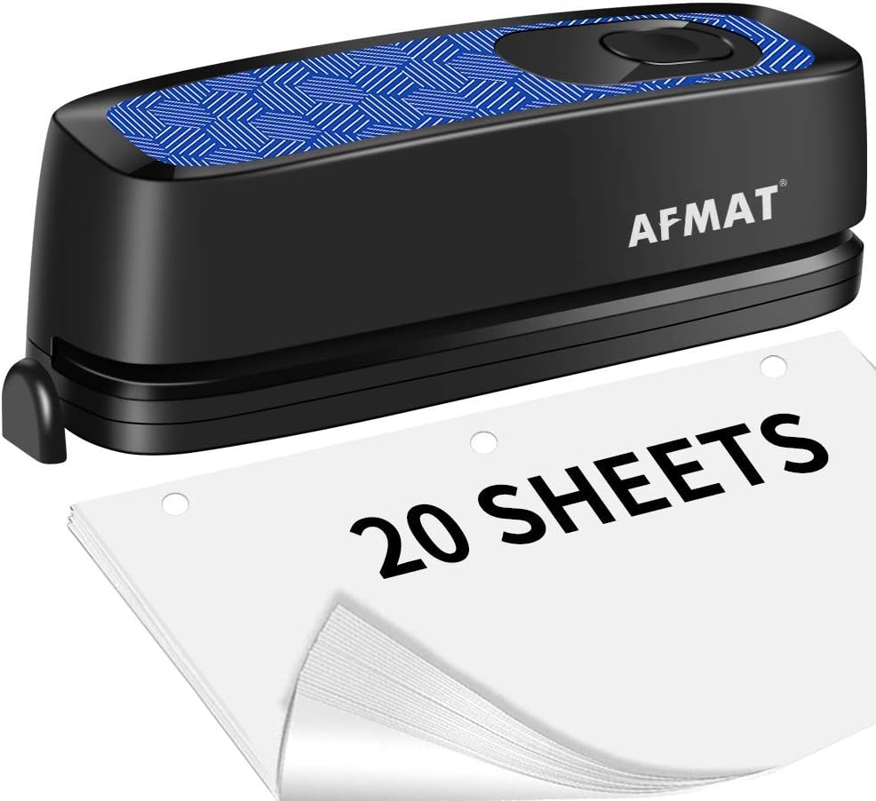 Electric 3 Hole Punch, AFMAT 3 Hole Punch Heavy Duty, 20-Sheet Punch Capacity, AC or Battery Operated Paper Puncher, Effortless Punching, Long Lasting Paper Punch for Office School Studio, Blue : Office Products