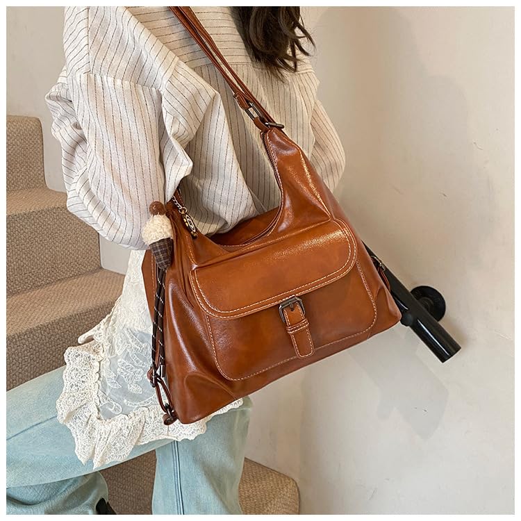Y2K Shoulder Bag, Slouchy Vegan Leather Hobo Bag, Trendy Brown