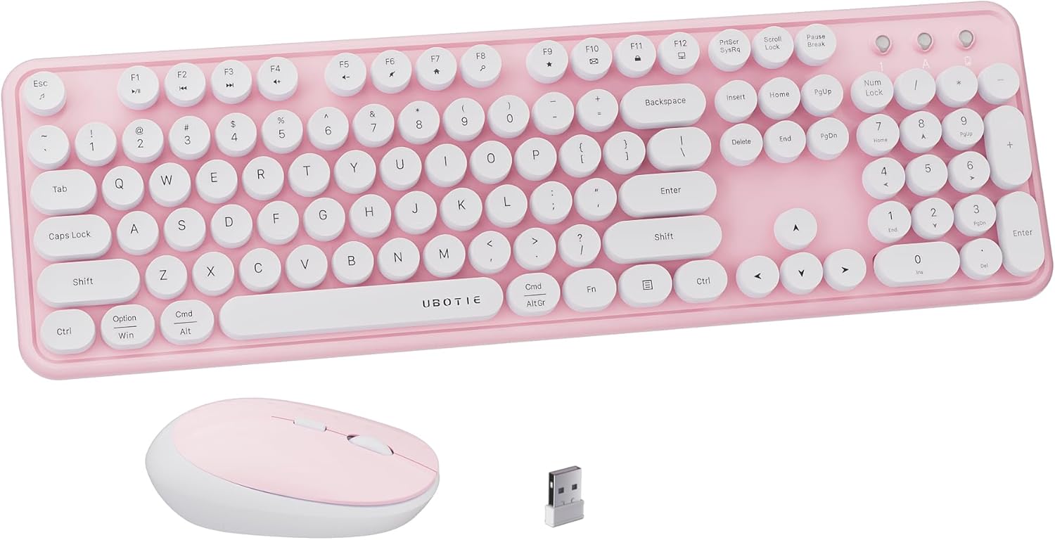 x UBOTIE Colorful Wireless Keyboard and Mouse Combo, Full-Sized Office Keyboard with Typewriter Flexible Keys, 2.4GHz Dropout-Free Connection, Optical Mouse for PC Laptop(Pink White)