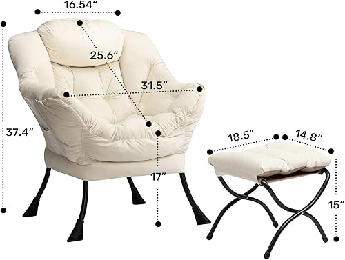 Miniatura 3 de AcozyHom Moderno juego de silla perezosa de tela y reposapiés plegable, sillón contemporáneo y otomano portátil, sofá de ocio con marco de acero y