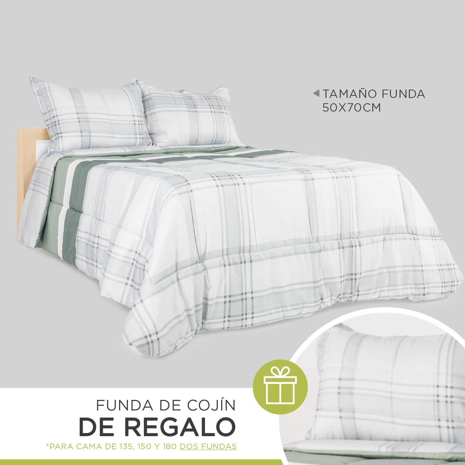 DONATELLA EDREDÓN Estampado Reversible - 135 cm., Gris-Squares
