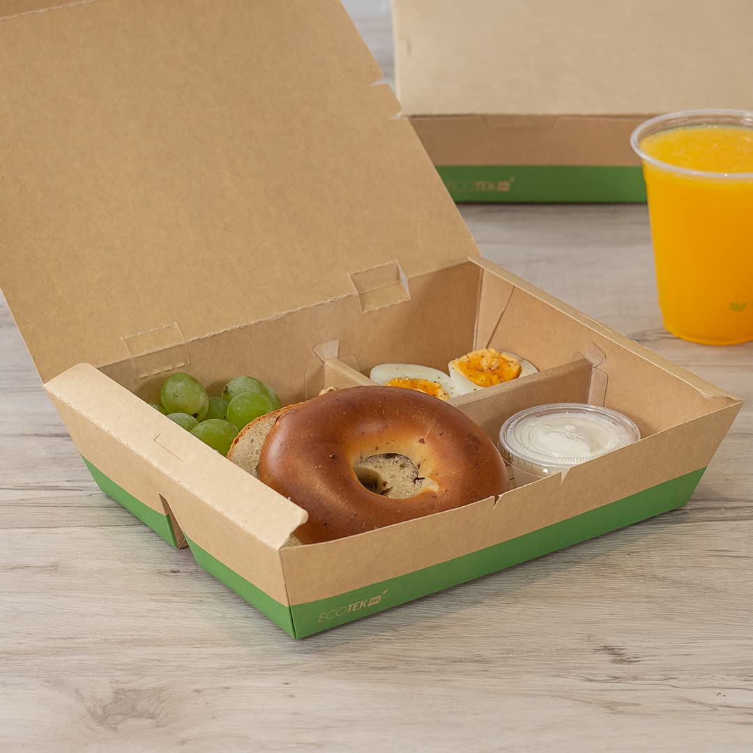 Restaurantware Eco Tek - Cajas para llevar de 50 onzas, 100 cajas Bento compostables, 3 compartimentos, cierre de pestañas, cajas de papel kraft y verde, forro de ácido poliláctico, para restaurantes