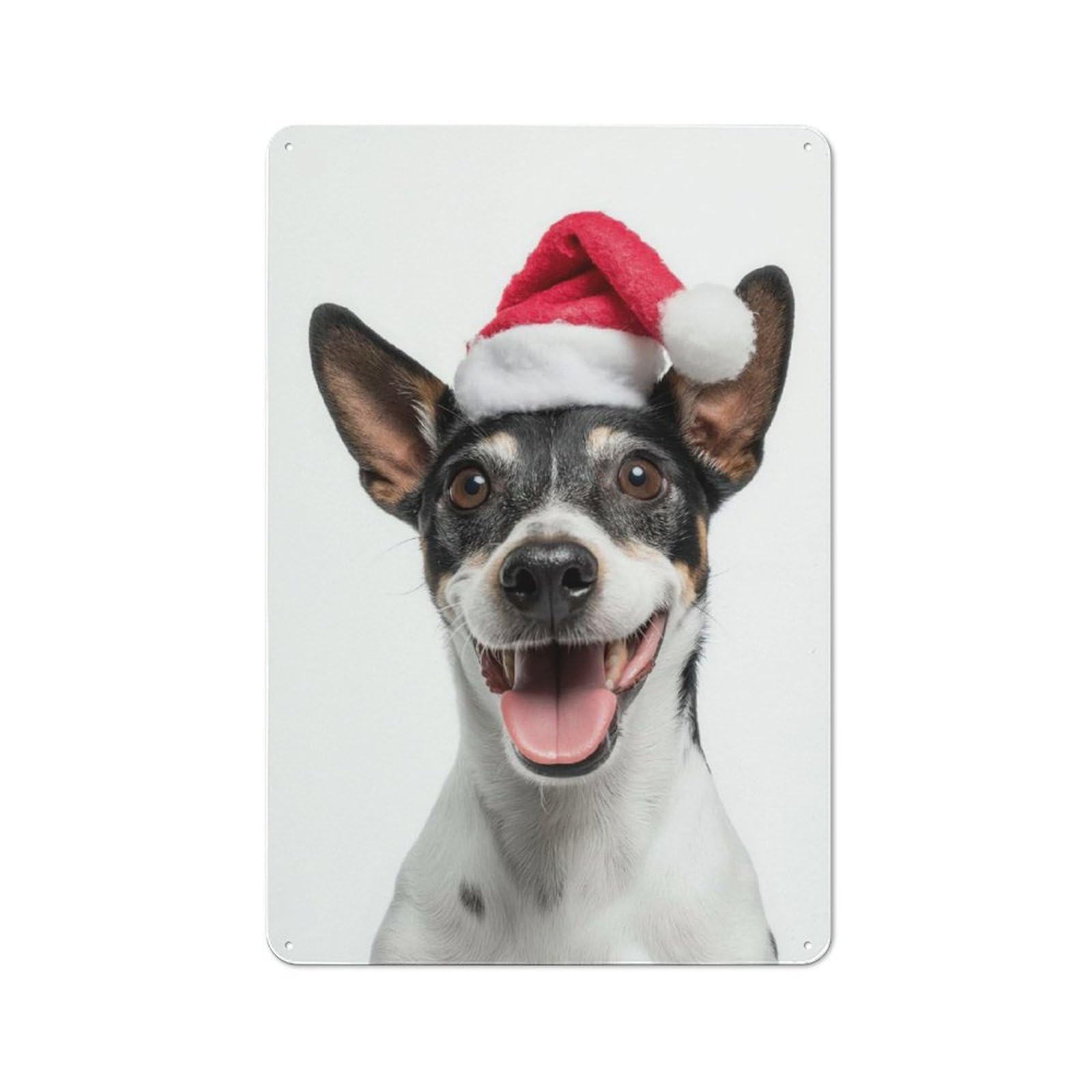 Junmoney Rat Terrier Dog With Santa Hat Portrait Retro Tin Wall Plaque 30X20cm For Dining Room Or Kitchen, For Home Decor Collectors