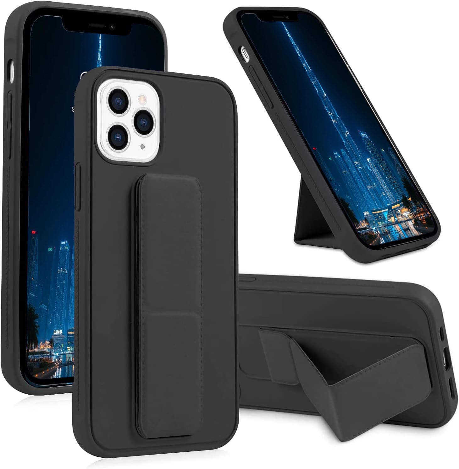 TR-PLANET Case for iPhone 15 Pro Max Cover, Back Stand Case with Magnet Holder, Premium Silicone Vertical and Horizontal Hand Strap Grip Case with Stand, Protective case for iPhone 15 Pro Max, Black