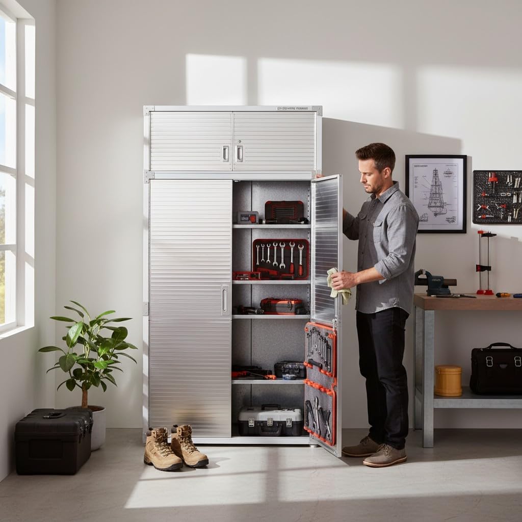 Lockable Stainless Steel 2-Piece Storage Cabinet with Stacker Set, 4 Doors with Adjustable Shelves, Heavy Duty Organizer for Home, Office, Warehouse or Garage, (Granite, 48" W x 24" D x 90.5" H)