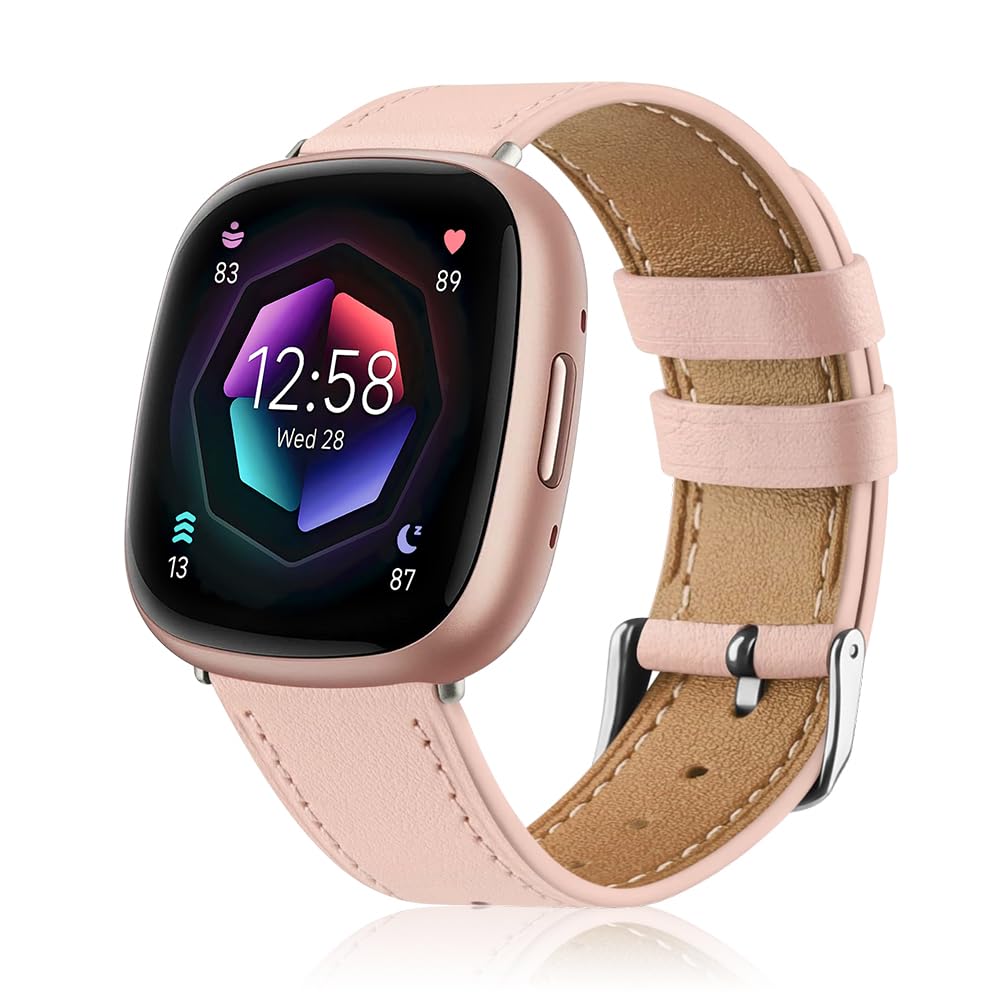 OFFCUP Leather Strap Compatible with Fitbit Versa 3/4/Sense/Sense 2 for Women Men Kids, Genuine Leather Sport Straps Replacement Wristband (Pink)