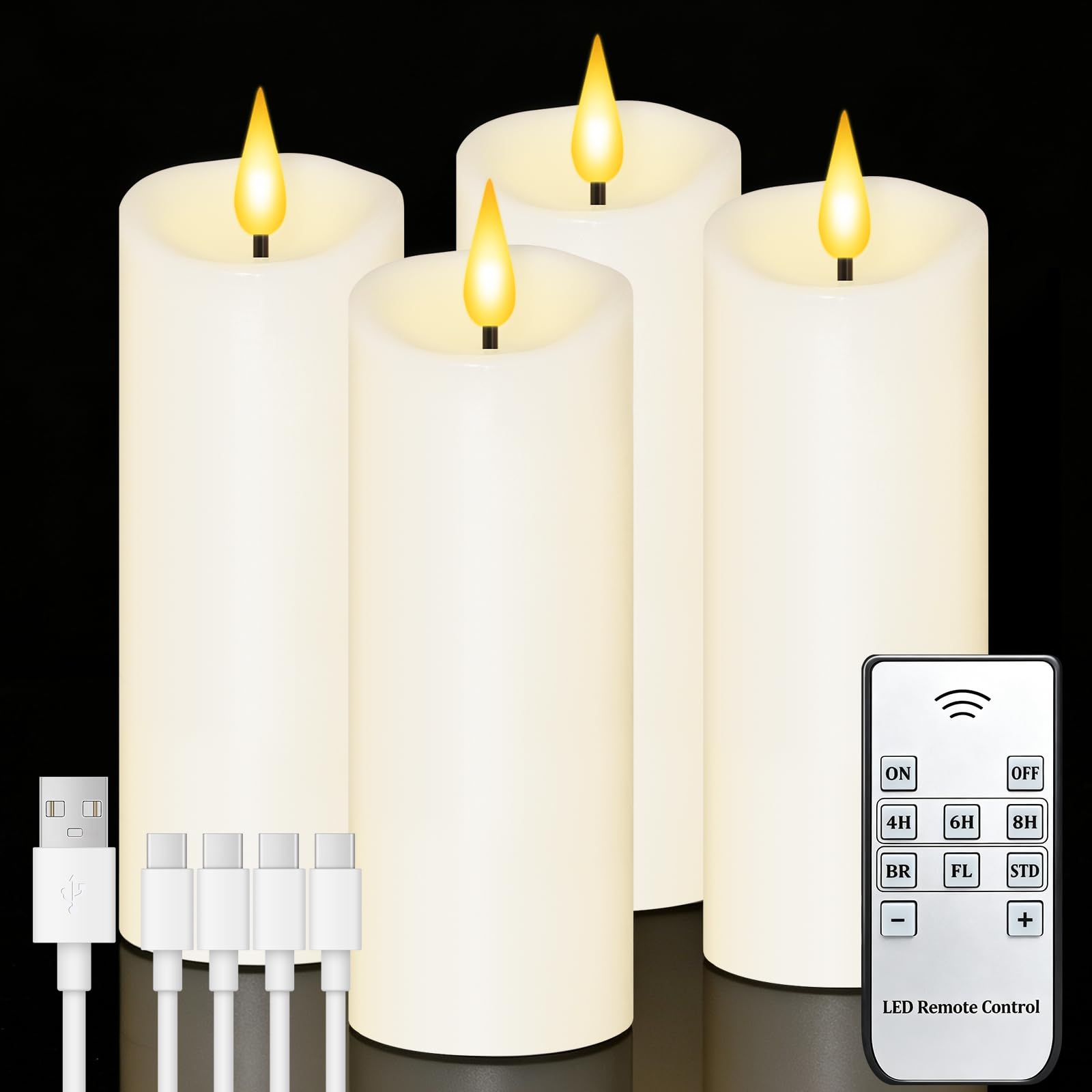 Wiederaufladbare flammenlose Kerzen mit Fernbedienung und Timer, 3er-Pack (D 3'‚ × H 4‘'5'‚6‘') – flackernde LED-Stumpenkerzen mit USB-C-Anschluss, mit echtem Wachs überzogen