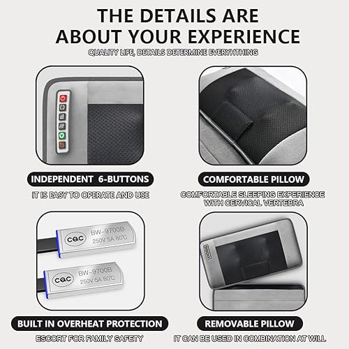 Miniatura 5 de Alfombrilla de masaje de cuerpo completo con calor de 20 cuello, cabezales de masaje Shiatsu, silla de masaje eléctrica multifuncional con