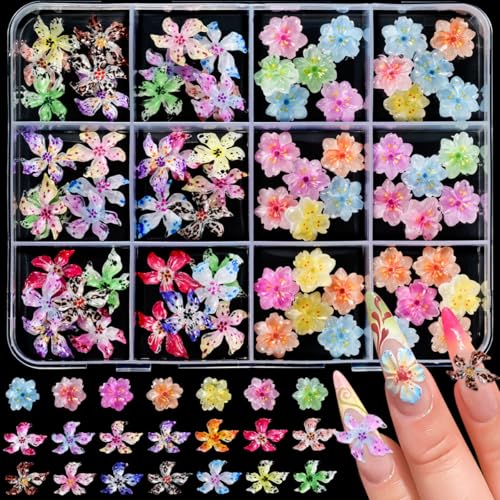 Flower Nail Art Charms - 3D Hawaii Flower Nail Rhinestones Floral Nail Gems Colorful Floral Nail Charms Summer Nail Diamonds Spring Nail Jewelry Tiny Flowers Nail Design for Women 1Boxes - 72Pcs