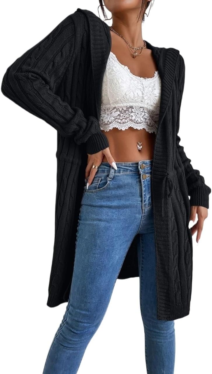 Women's Trench Coat Casual Knit Drawstring Hooded Cardigan Long Sleeve Classic Overcoat