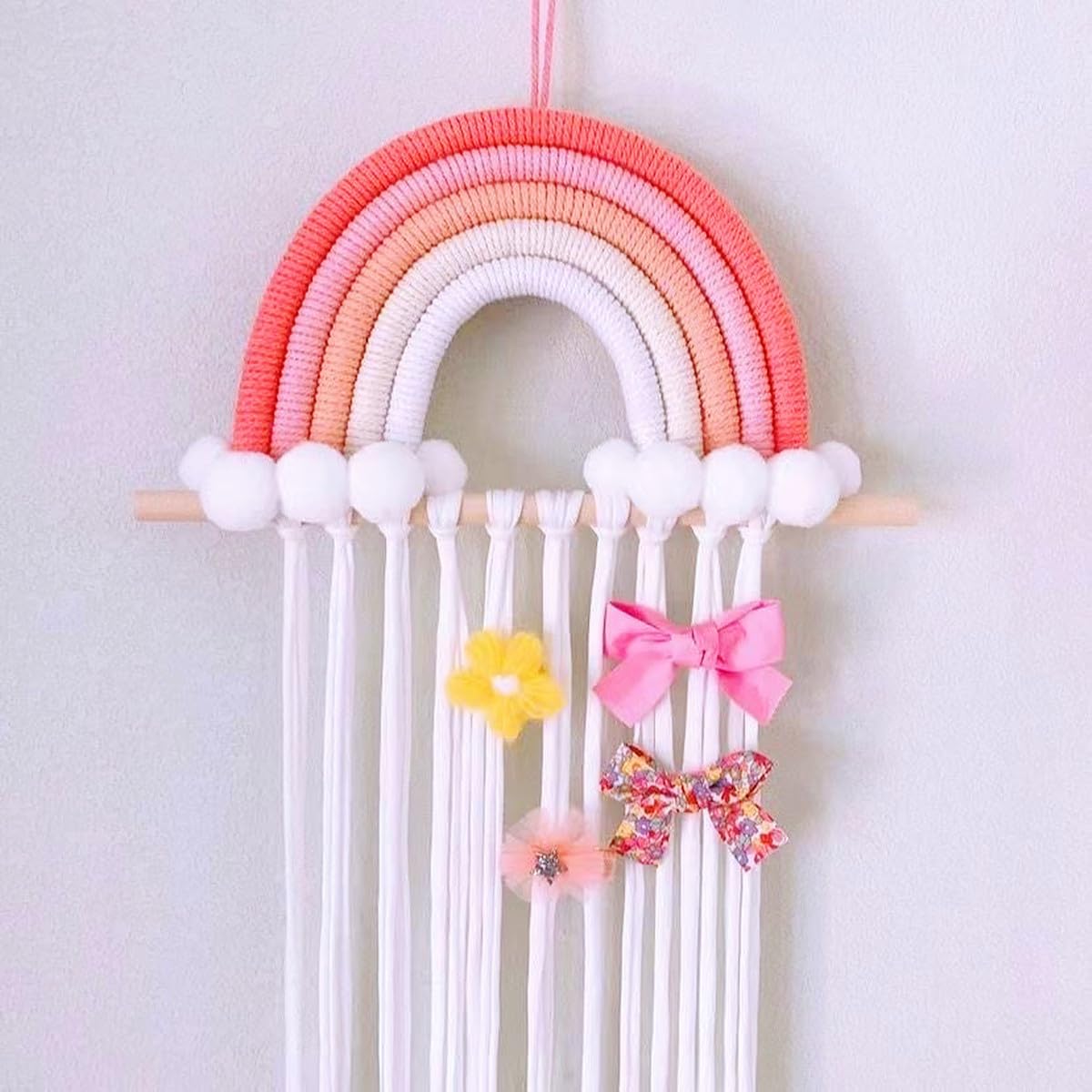 Rainbow Macrame Bow Holder Hanging Hair Bow Organizer for Girls Hair Bows Baby Hair Accessories, Woven Hanging Rainbow Clip Organizer Decor Bow Hanger for Nursery Room Decors (LIGHT RED)