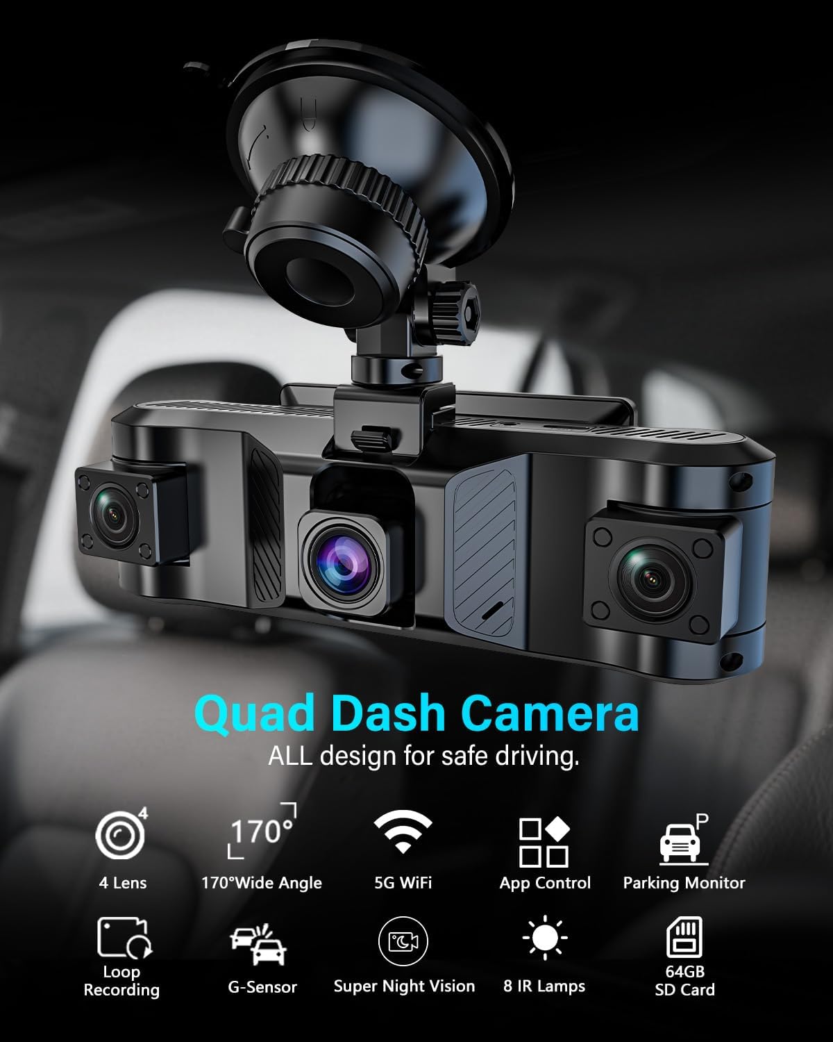 QXTAMO® 4 Channel Dash Cam Front and Rear Inside Left Right, 360 Degree View Dash Camera for Cars, 1080P Dashcam, 5G WiFi Car Camera with Night Vision, 24/7 Parking Monitor, G-Sensor, Free 64GB Card