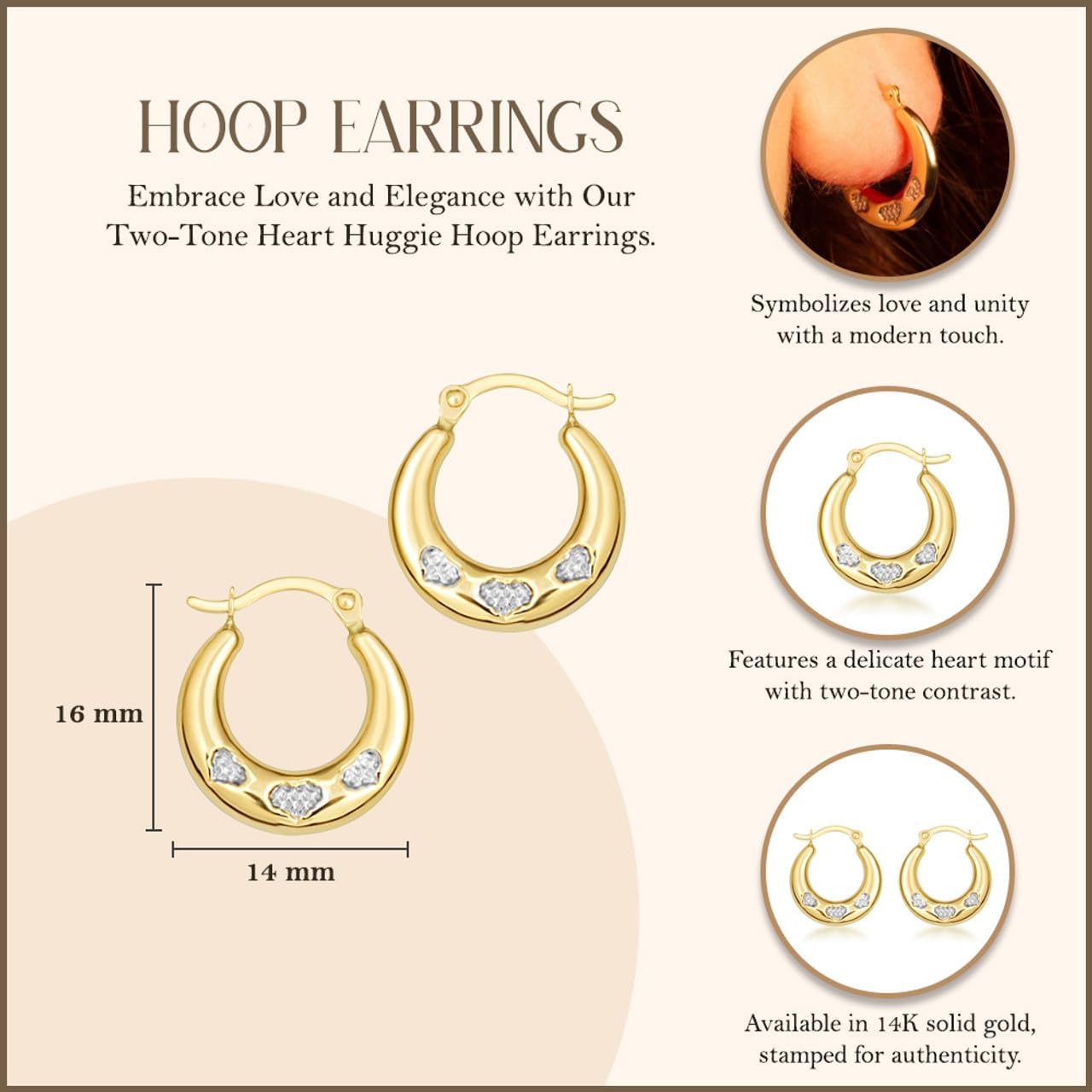 Gold Heart Huggie Hoop Earrings for Women | 10K or 14K Two-Tone White and Yellow Gold