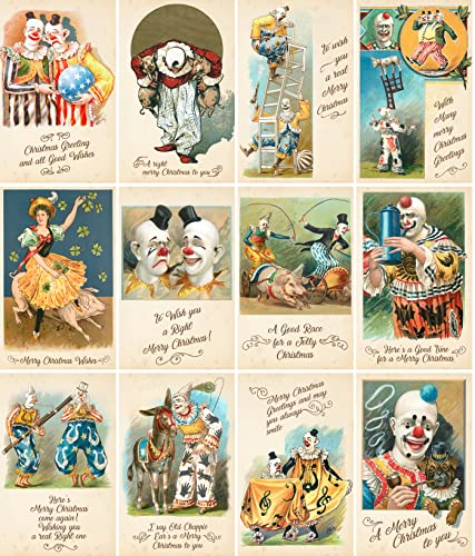 Image of PIXILUV CIRCUS CHRISTMAS (Pack of 12) Notecards Small Greeting Cards # Vintage Clowns and Circus Wishing a Merry Christmas ~ Vintage Christmas Postcards Reprint