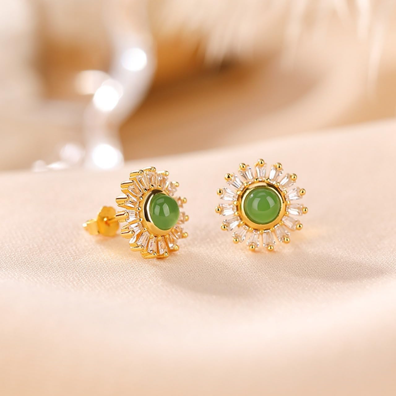 14K Gold Sunflower Jade Stud Earrings for Women,Stunning Gift for Mom on Birthday