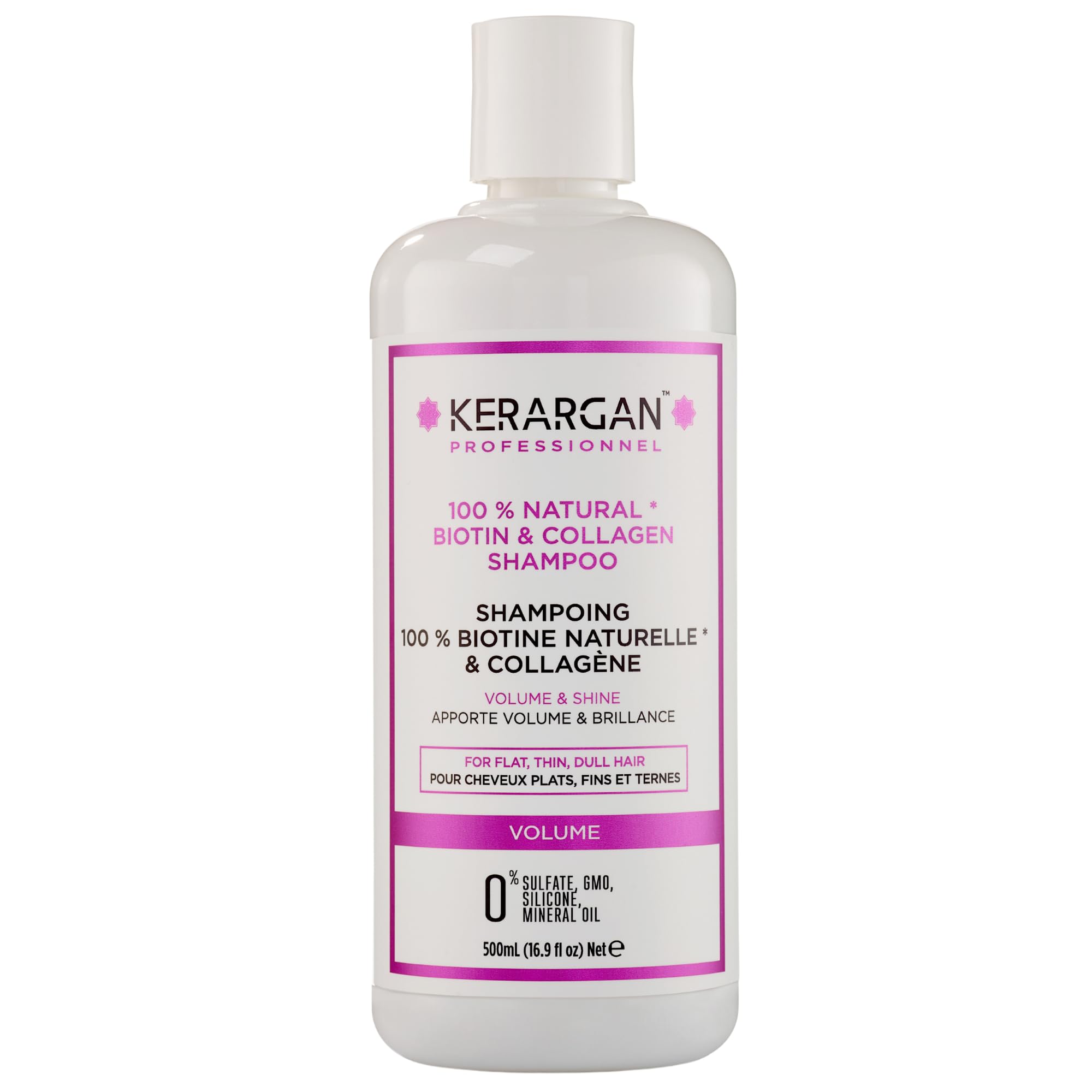Kerargan - Shampoing Volumisant à la Biotine & Collagène - Pour Cheveux Plats, Fins, Ternes - Fortifiant, Brillant, Hydratant - Sans Sulfate, OGM, Silicone, Huile Minérale - 500ml