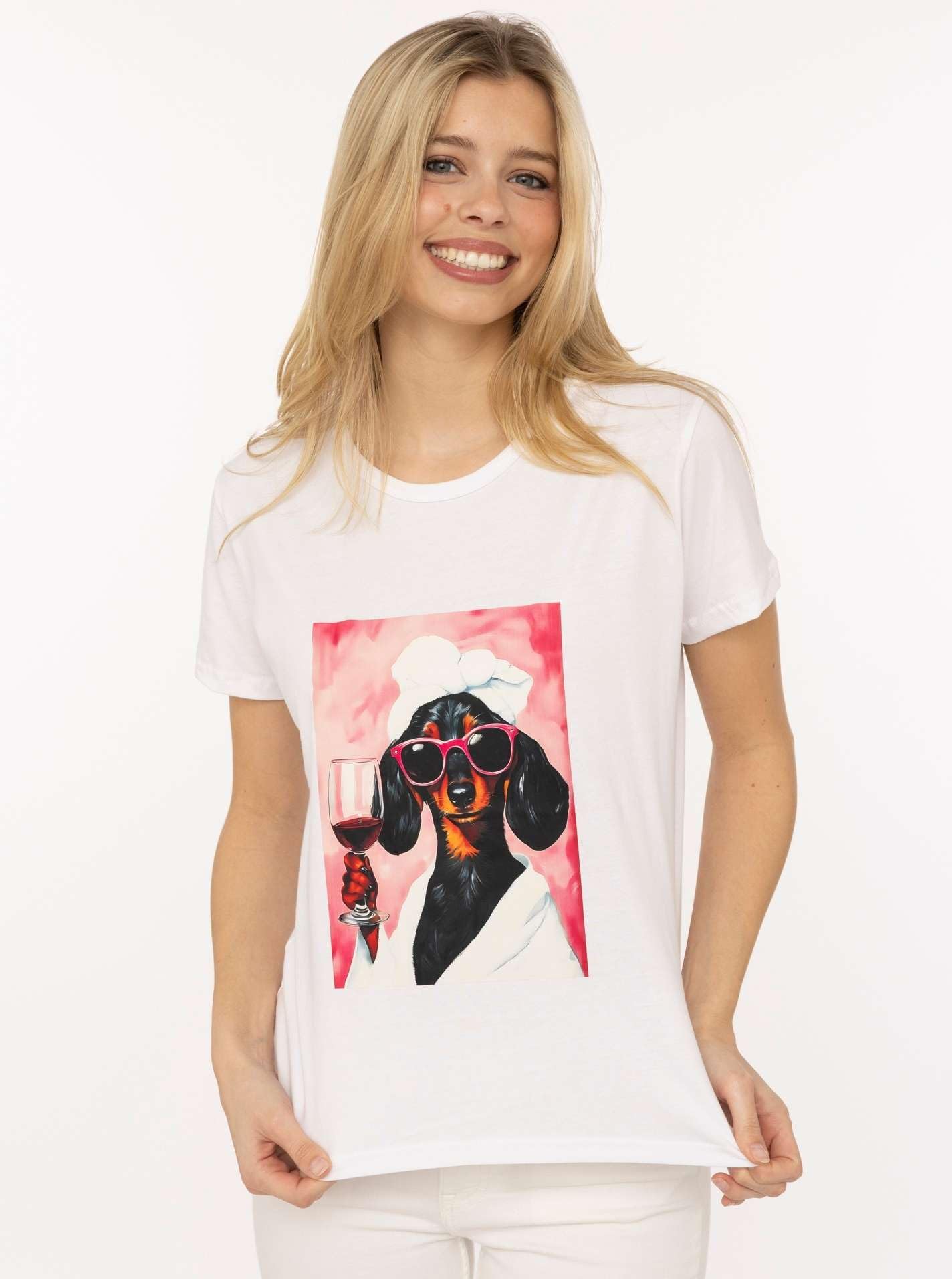 Zwillingsherz T-Shirt für Damen aus Baumwolle – Kurzarm Shirt mit trendigem Dackel Motiv – Frauen Basic Shirt Casual Freizeit Sommer – Damen Oberteil Smile Design